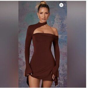 oh polly asymmetric high neck mini dress